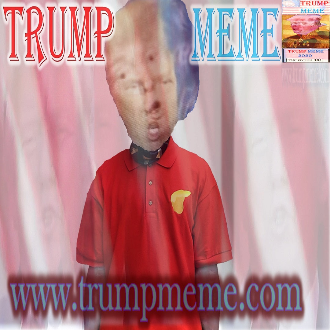 Trump Meme Clothing's MAGA red Polo shirt with gold embroidered Trump hair logo Hair